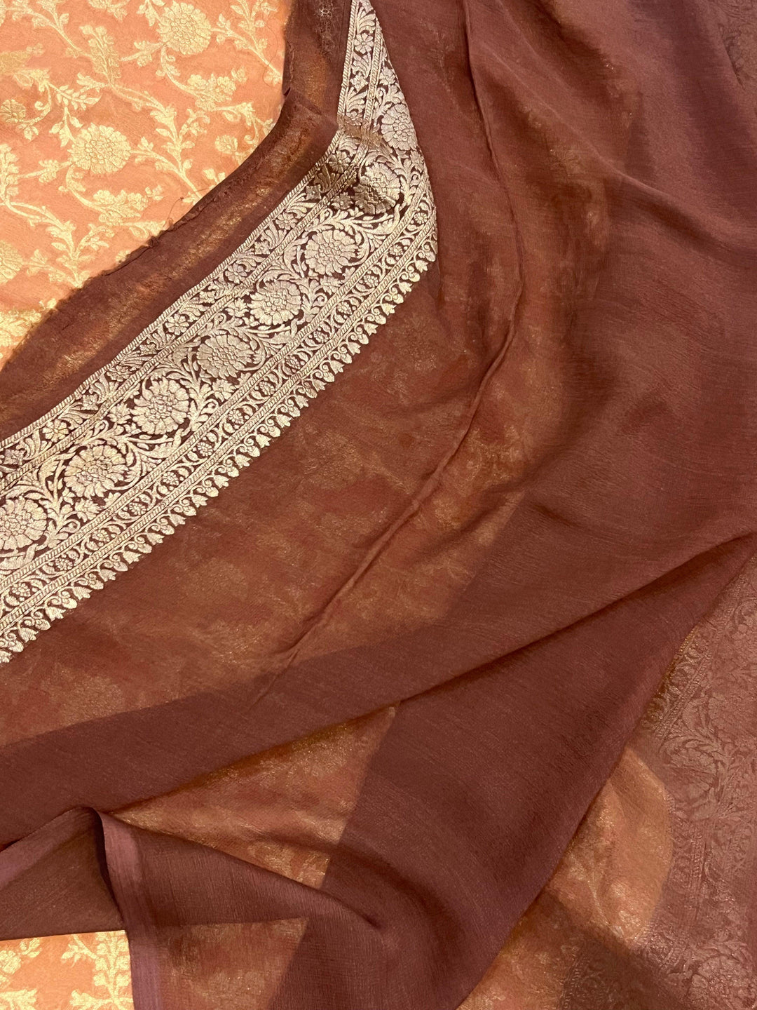 Dusty Peach Banarasi Handloom Pure Khaddi Georgette Saree - Aura Benaras