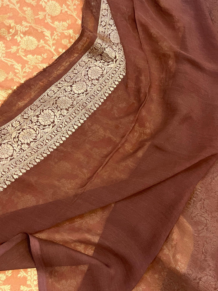 Dusty Peach Banarasi Handloom Pure Khaddi Georgette Saree - Aura Benaras