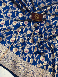 Deep Royal Blue Pure Banarasi Handloom Katan Silk Saree - Aura Benaras