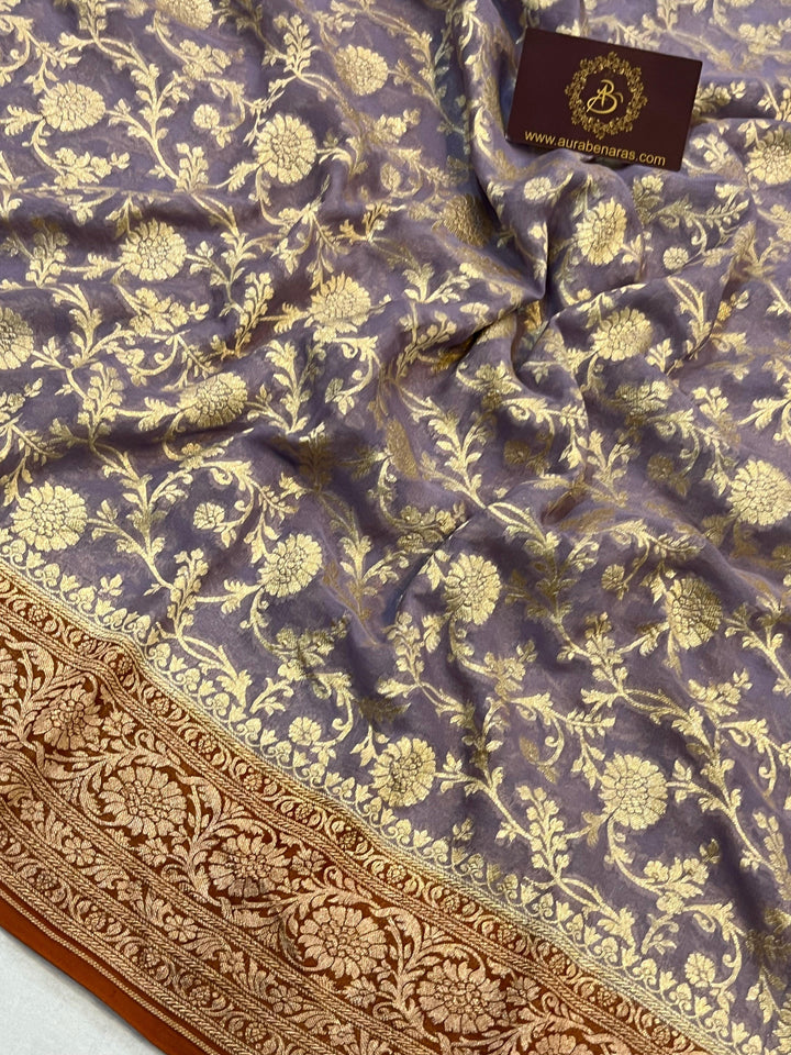 Dusty Grey Banarasi Handloom Pure Khaddi Georgette Saree - Aura Benaras