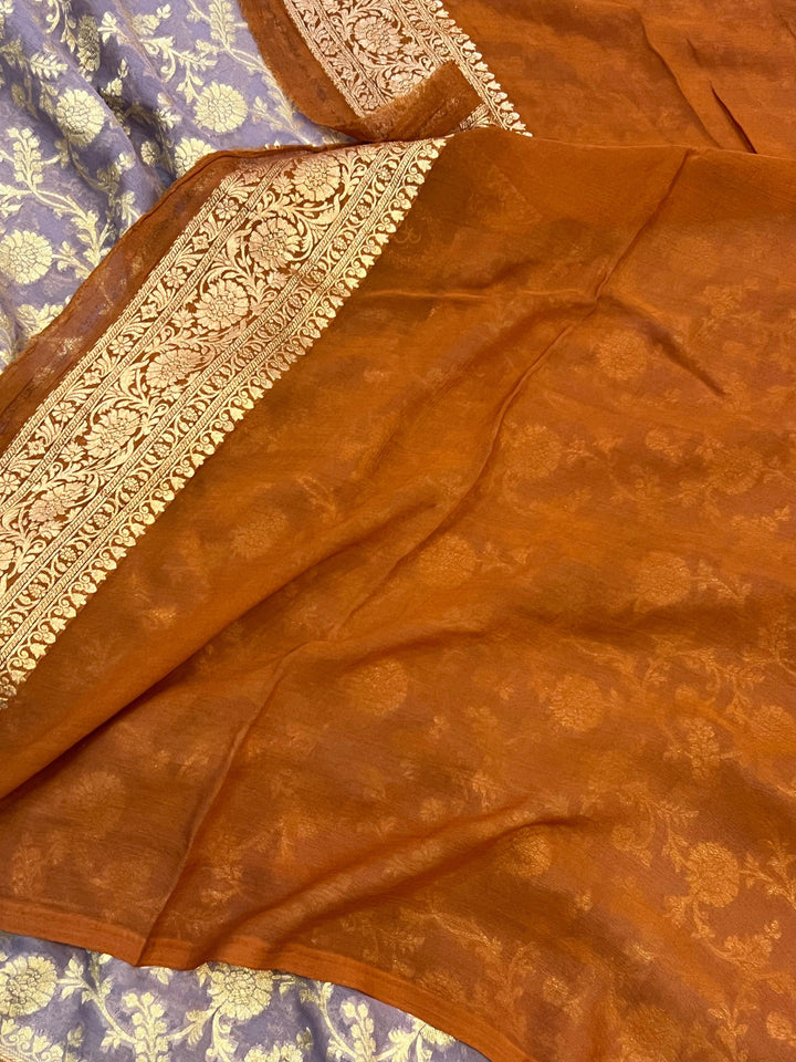 Dusty Grey Banarasi Handloom Pure Khaddi Georgette Saree - Aura Benaras