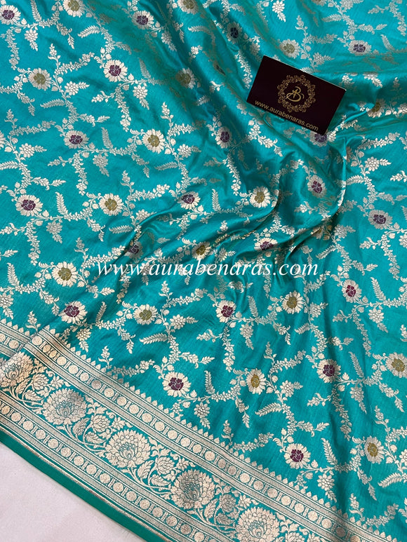 Turquoise Blue Pure Banarasi Handloom Katan Silk Saree - Aura Benaras