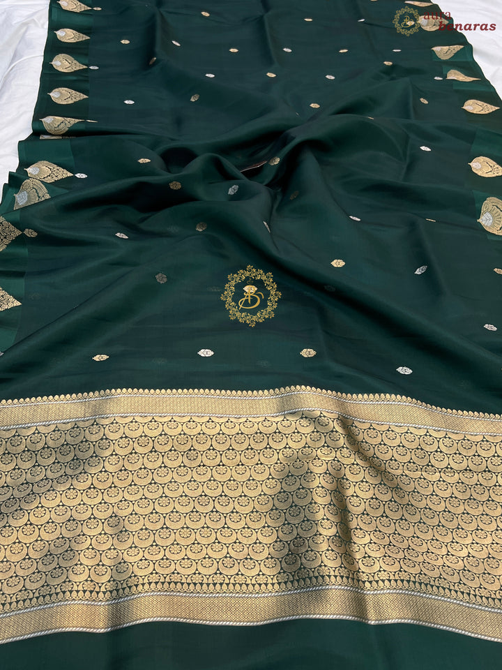Bottle Green Pure Katan Organza Silk Handloom Banarasi Saree