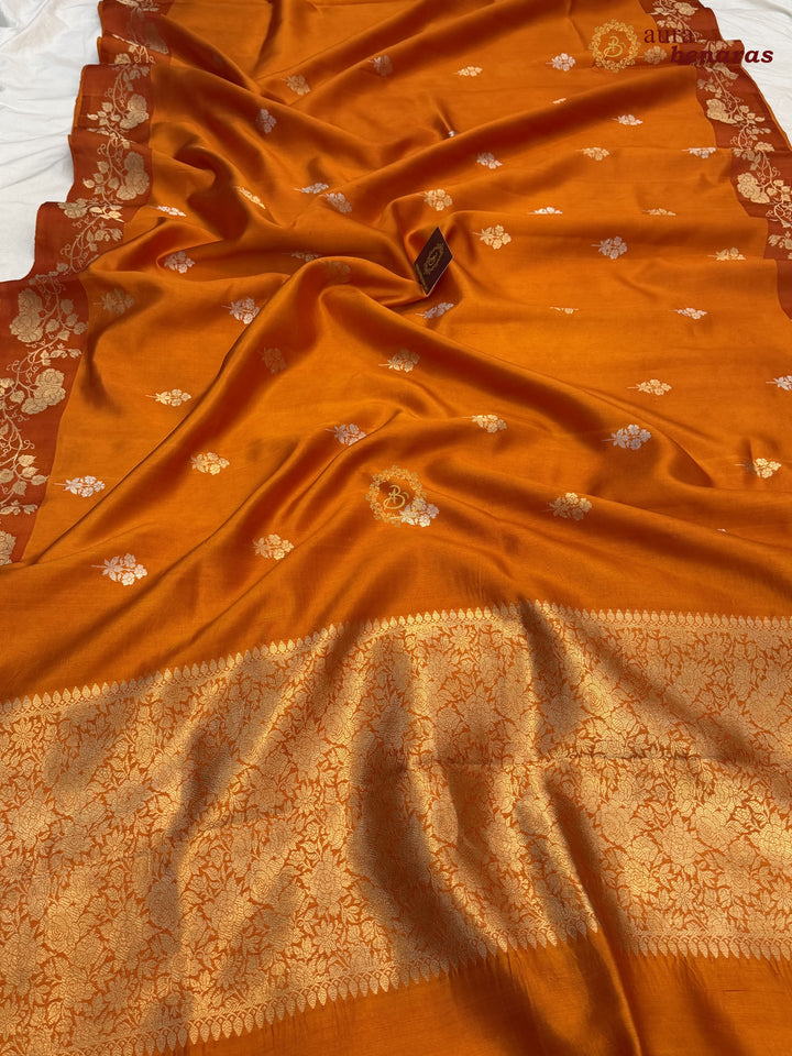 Orange Pure Silk Handloom Banarasi Saree with Kadhwa Motifs