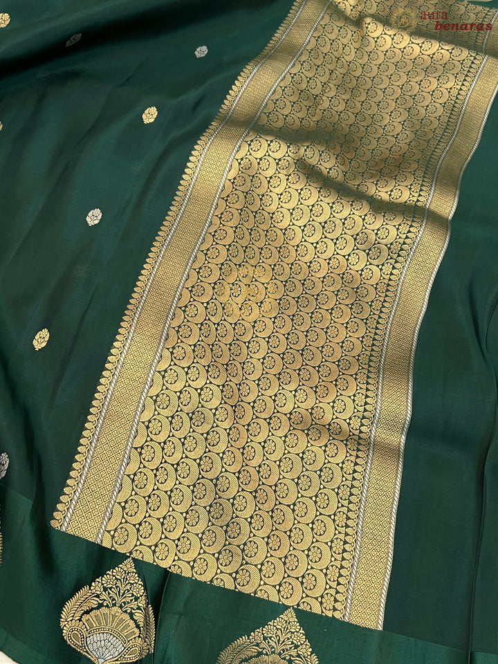 Bottle Green Pure Katan Organza Silk Handloom Banarasi Saree