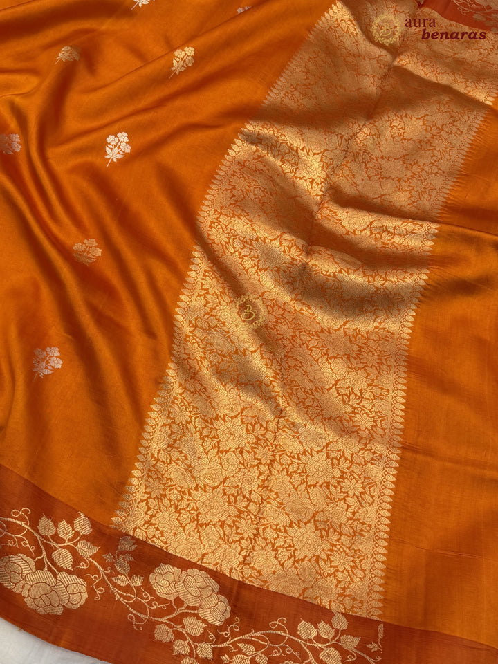 Orange Pure Silk Handloom Banarasi Saree with Kadhwa Motifs