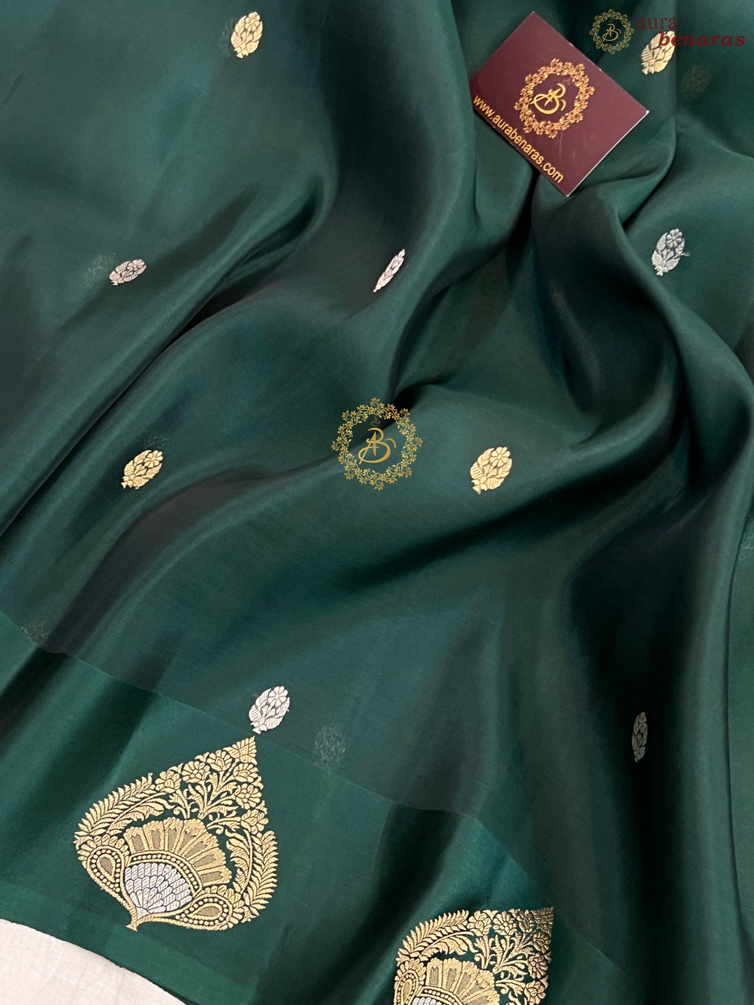 Bottle Green Pure Katan Organza Silk Handloom Banarasi Saree