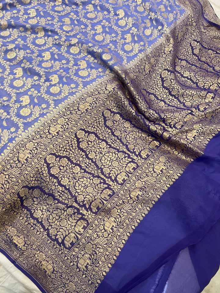 Blue Banarasi Handloom Pure Khaddi Georgette Saree - Aura Benaras
