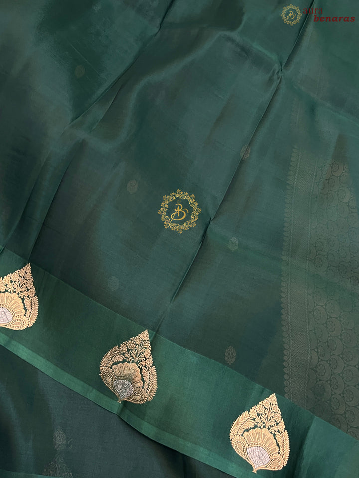 Bottle Green Pure Katan Organza Silk Handloom Banarasi Saree
