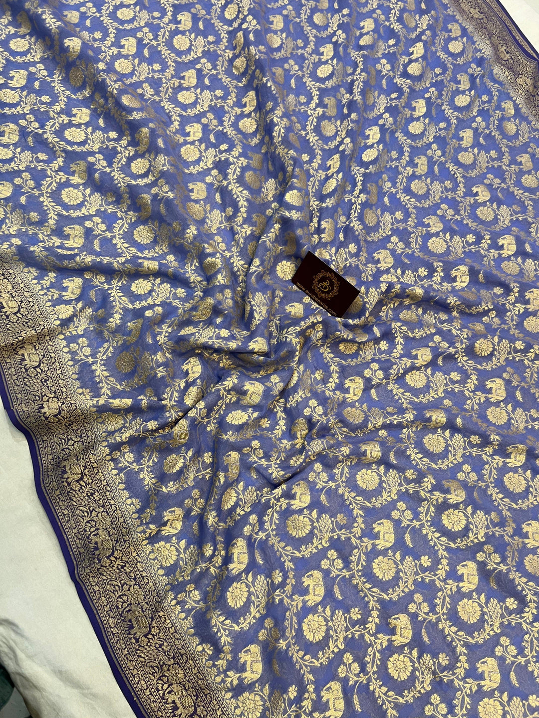 Blue Banarasi Handloom Pure Khaddi Georgette Saree - Aura Benaras