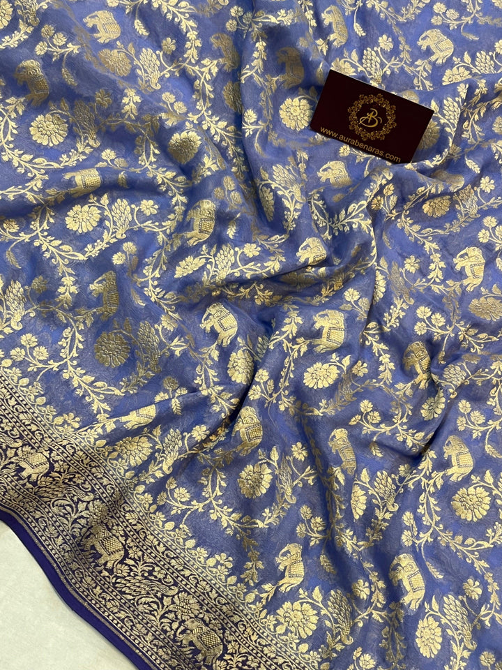 Blue Banarasi Handloom Pure Khaddi Georgette Saree - Aura Benaras