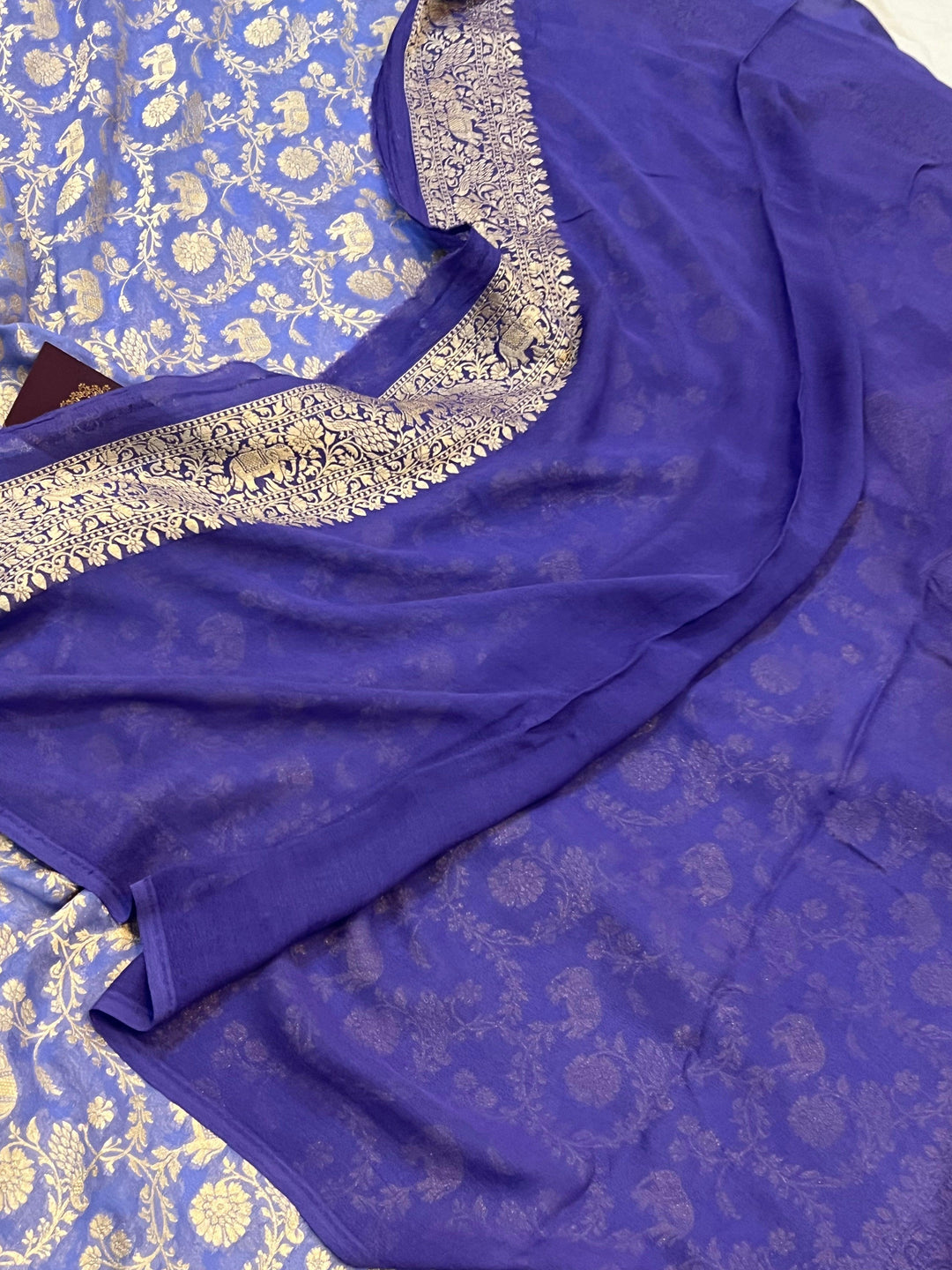 Blue Banarasi Handloom Pure Khaddi Georgette Saree - Aura Benaras