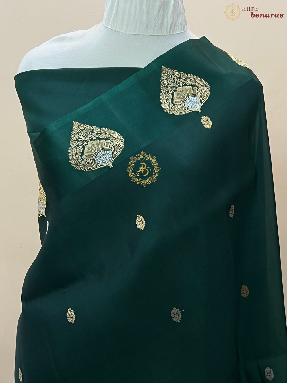 Bottle Green Pure Katan Organza Silk Handloom Banarasi Saree