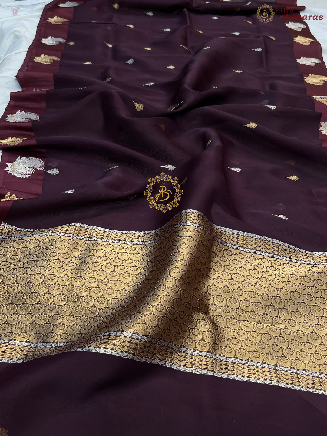 Brown Pure Kora Silk Handloom Banarasi Saree