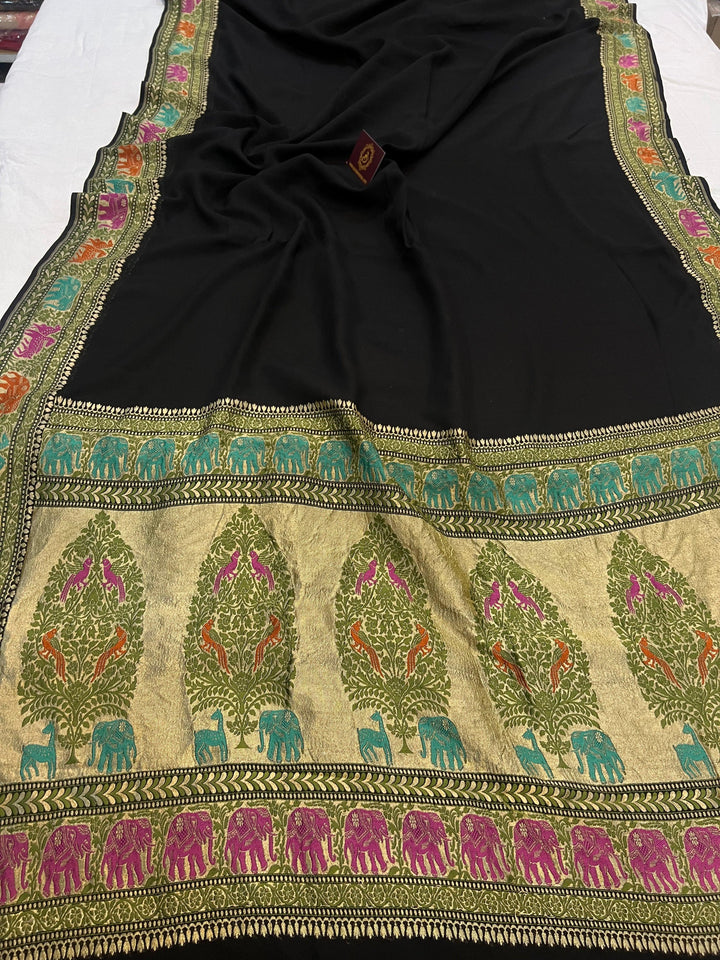 Black Tilfi Patola Pure Khaddi Georgette Silk Saree - Aura Benaras