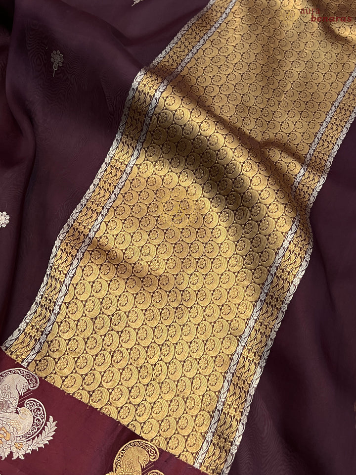 Brown Pure Kora Silk Handloom Banarasi Saree