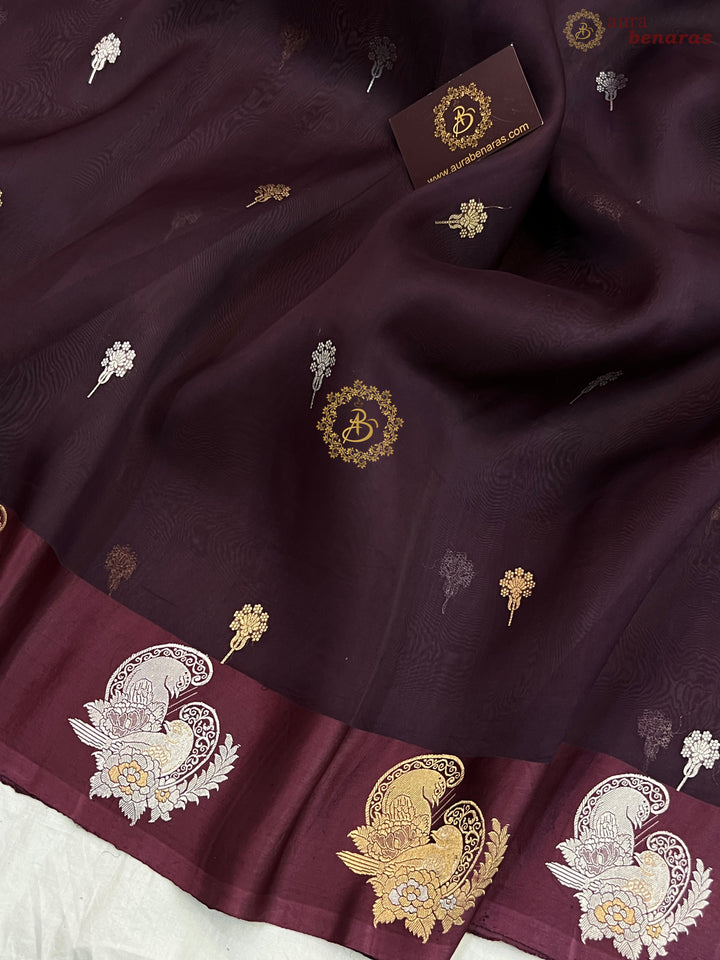 Brown Pure Kora Silk Handloom Banarasi Saree