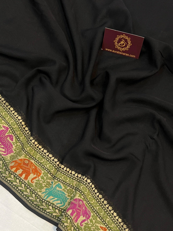 Black Tilfi Patola Pure Khaddi Georgette Silk Saree - Aura Benaras