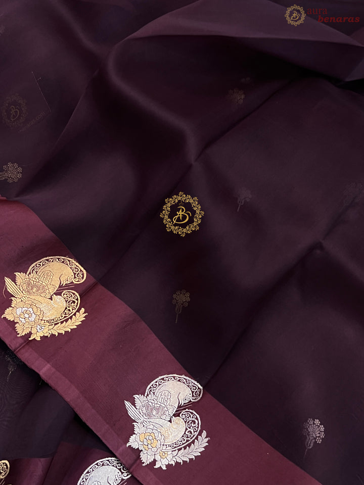 Brown Pure Kora Silk Handloom Banarasi Saree