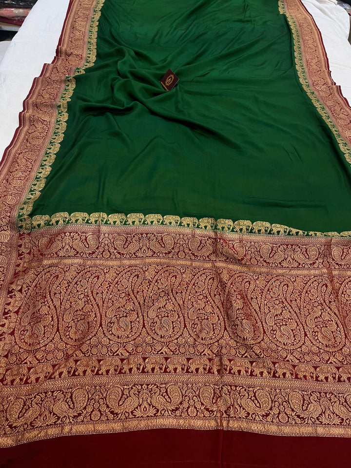 Bottle Green Pure Banarasi Khaddi Crepe Silk Saree - Aura Benaras