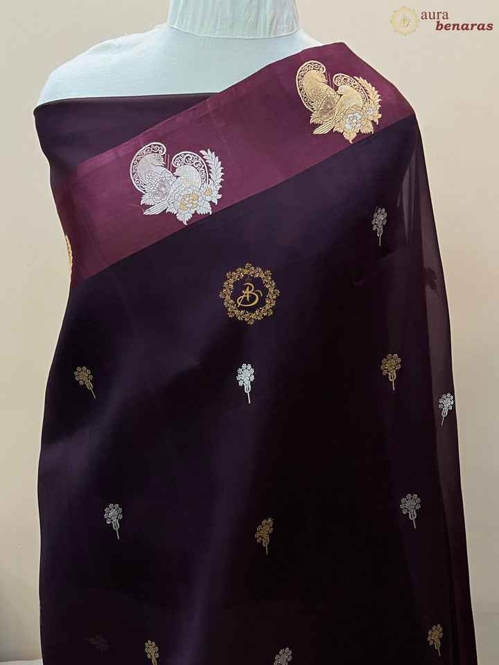 Brown Pure Kora Silk Handloom Banarasi Saree