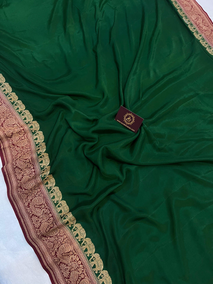 Bottle Green Pure Banarasi Khaddi Crepe Silk Saree - Aura Benaras