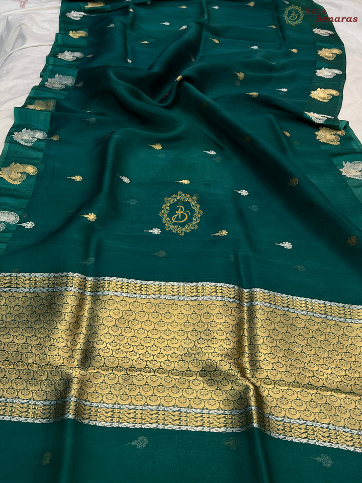 Rama Blue Pure Kora Silk Handloom Banarasi Saree