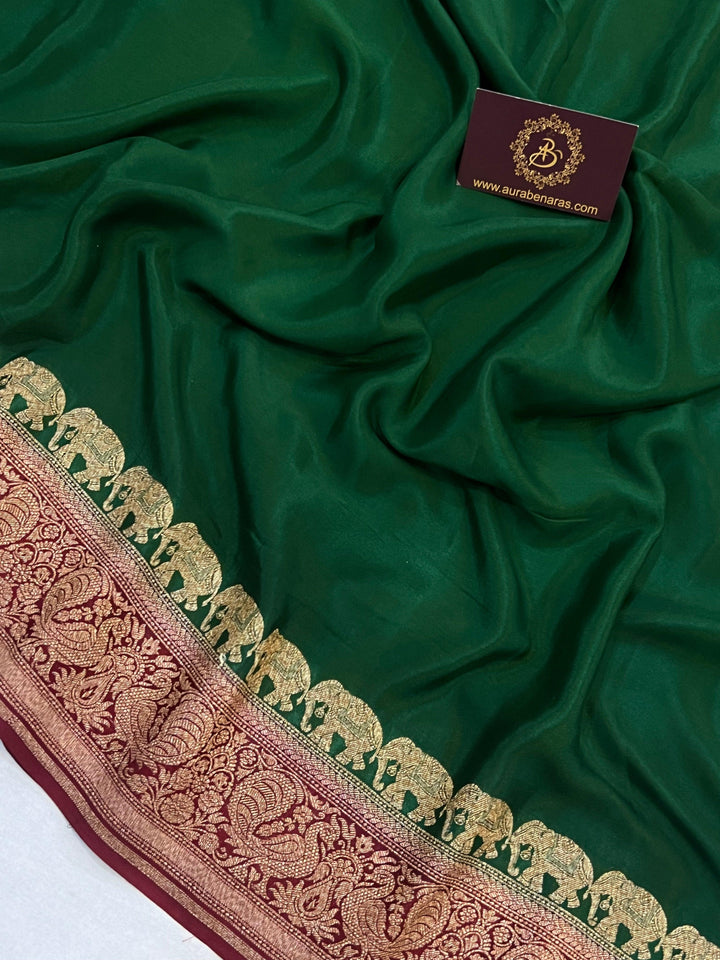 Bottle Green Pure Banarasi Khaddi Crepe Silk Saree - Aura Benaras