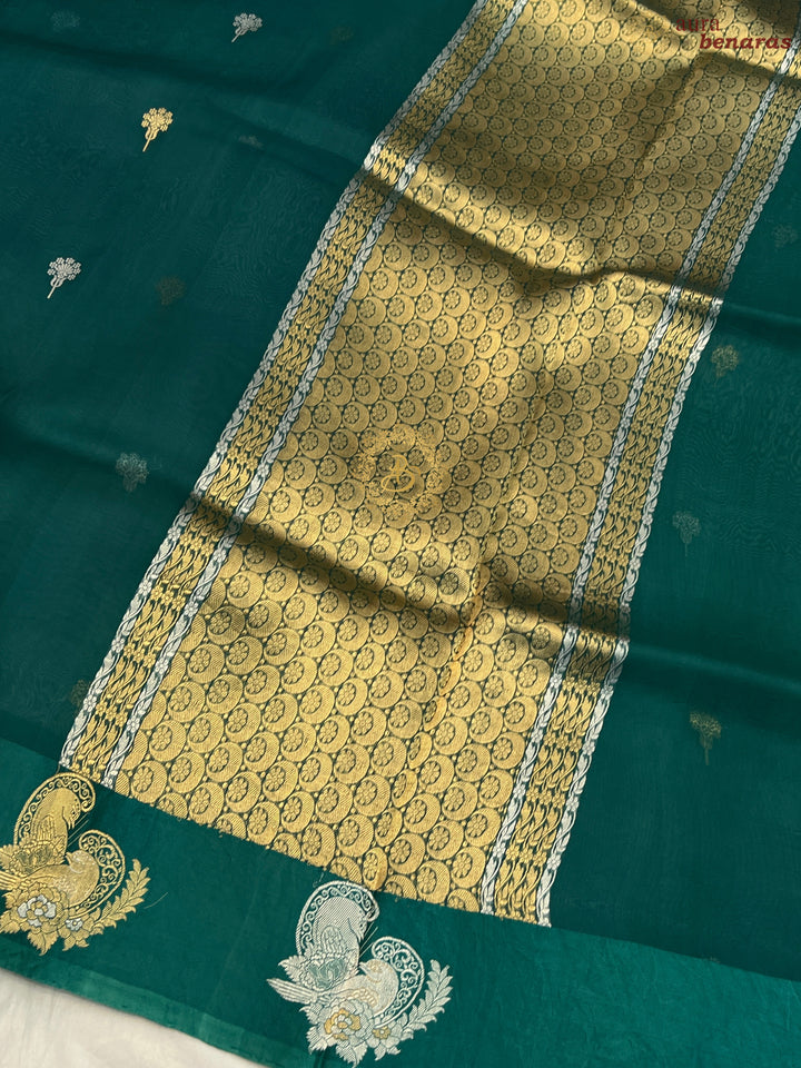 Rama Blue Pure Kora Silk Handloom Banarasi Saree