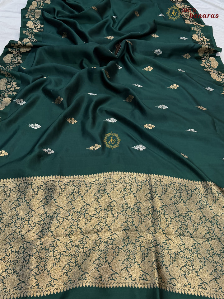 Bottle Green Pure Silk Handloom Banarasi Saree with Kadhwa Motifs