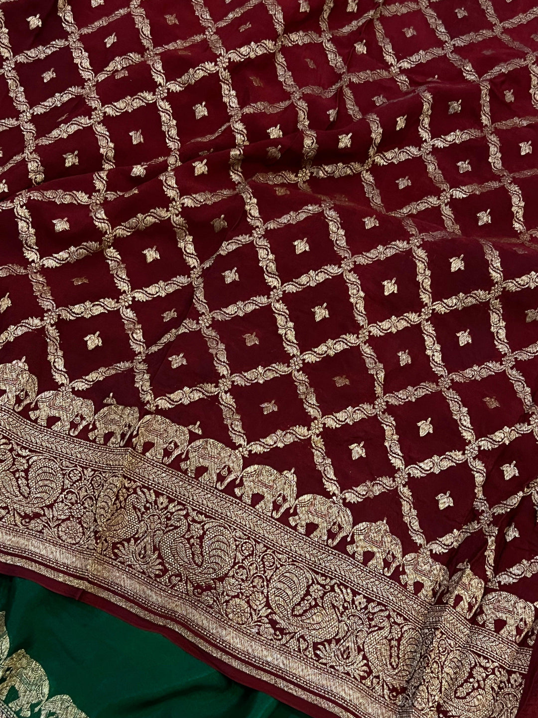 Bottle Green Pure Banarasi Khaddi Crepe Silk Saree - Aura Benaras