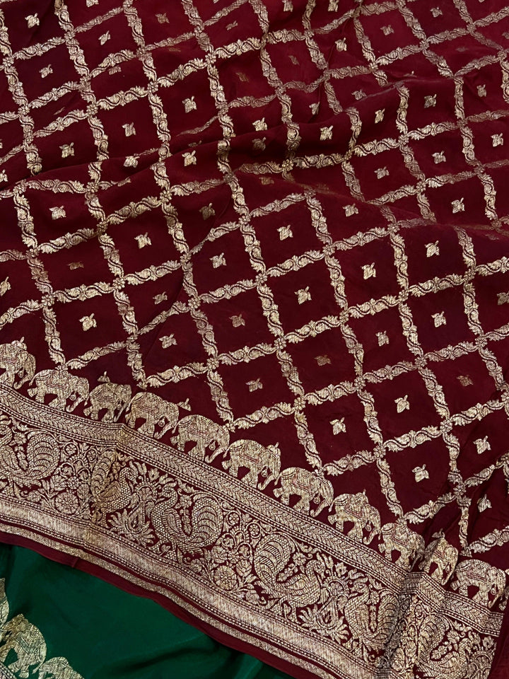 Bottle Green Pure Banarasi Khaddi Crepe Silk Saree - Aura Benaras