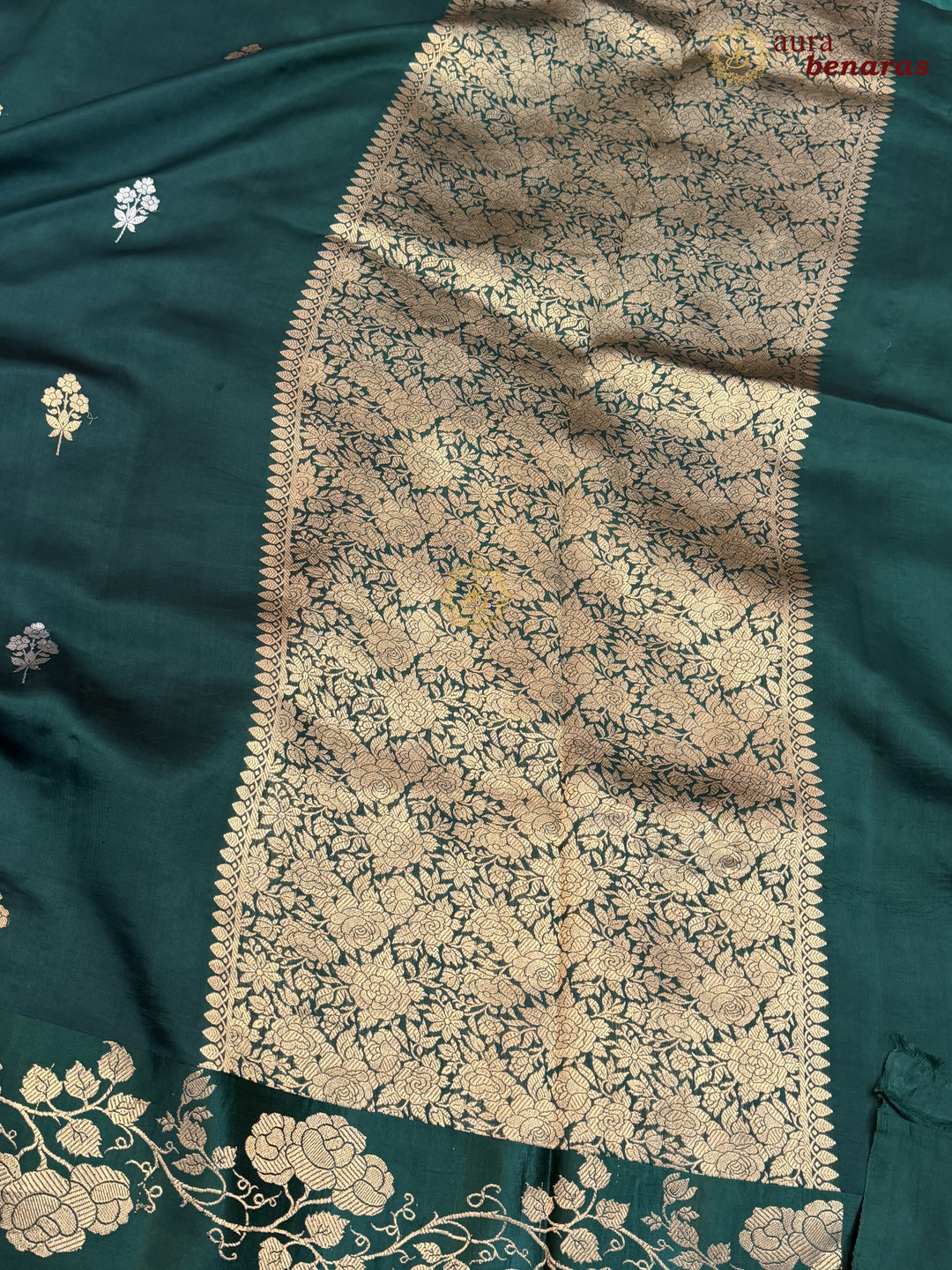 Bottle Green Pure Silk Handloom Banarasi Saree with Kadhwa Motifs