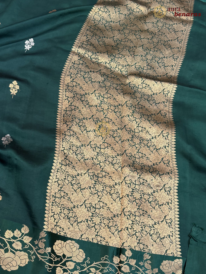 Bottle Green Pure Silk Handloom Banarasi Saree with Kadhwa Motifs
