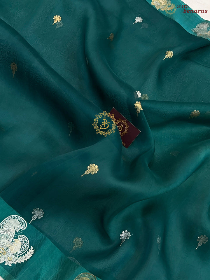Rama Blue Pure Kora Silk Handloom Banarasi Saree