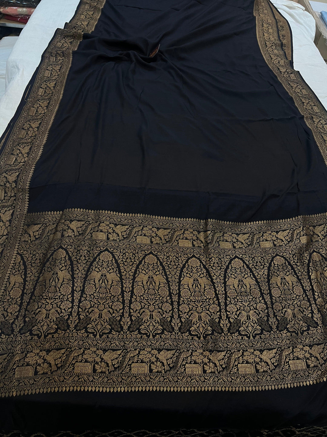 Black Pure Banarasi Khaddi Crepe Silk Saree - Aura Benaras