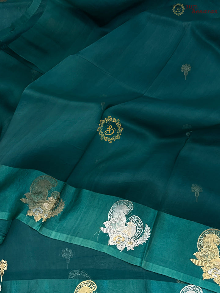 Rama Blue Pure Kora Silk Handloom Banarasi Saree