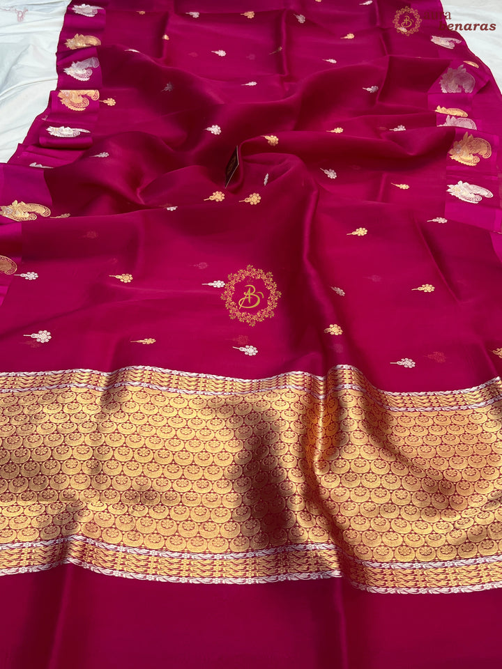Rani Pink Pure Kora Silk Handloom Banarasi Saree