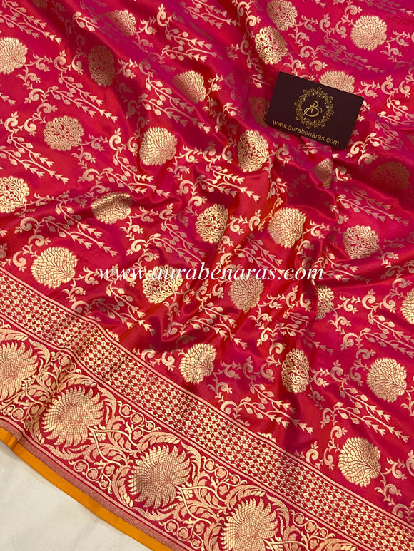 Orangish Pink Pure Banarasi Handloom Katan Silk Saree - Aura Benaras