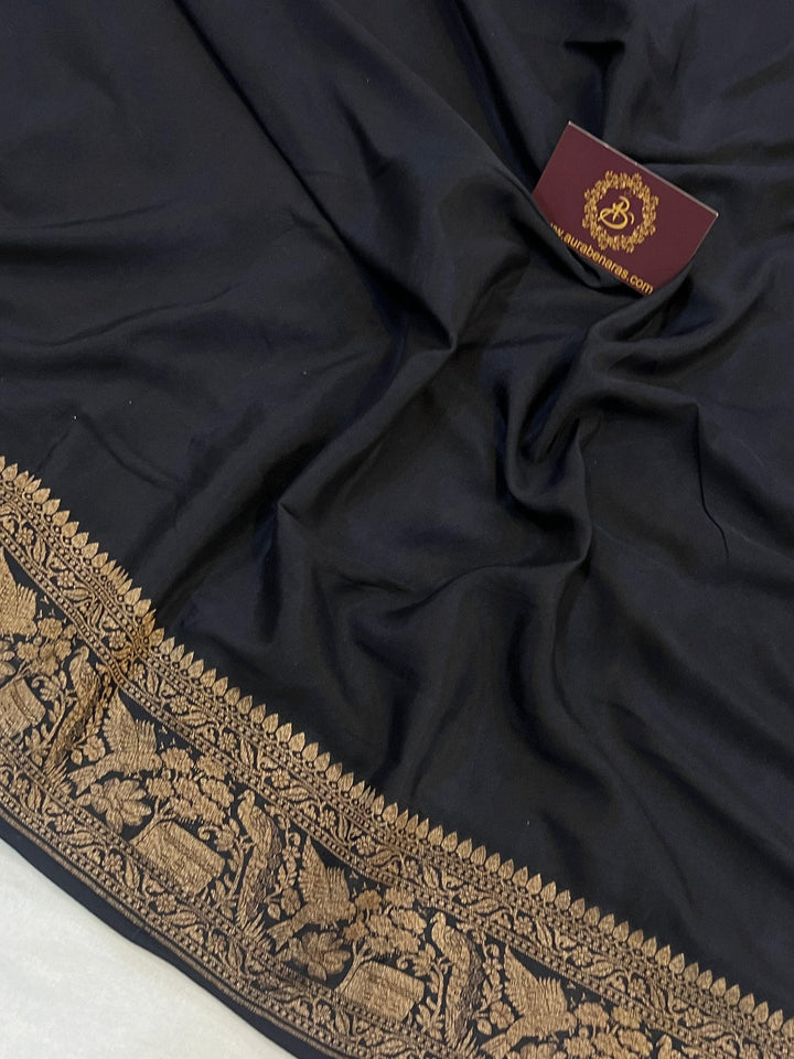 Black Pure Banarasi Khaddi Crepe Silk Saree - Aura Benaras