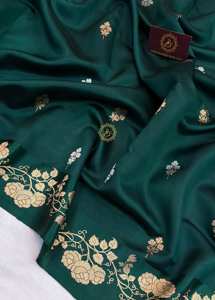 Bottle Green Pure Silk Handloom Banarasi Saree with Kadhwa Motifs