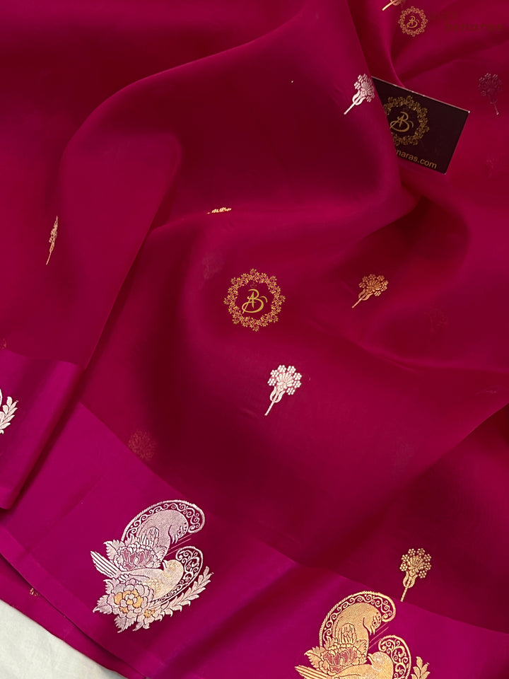 Rani Pink Pure Kora Silk Handloom Banarasi Saree