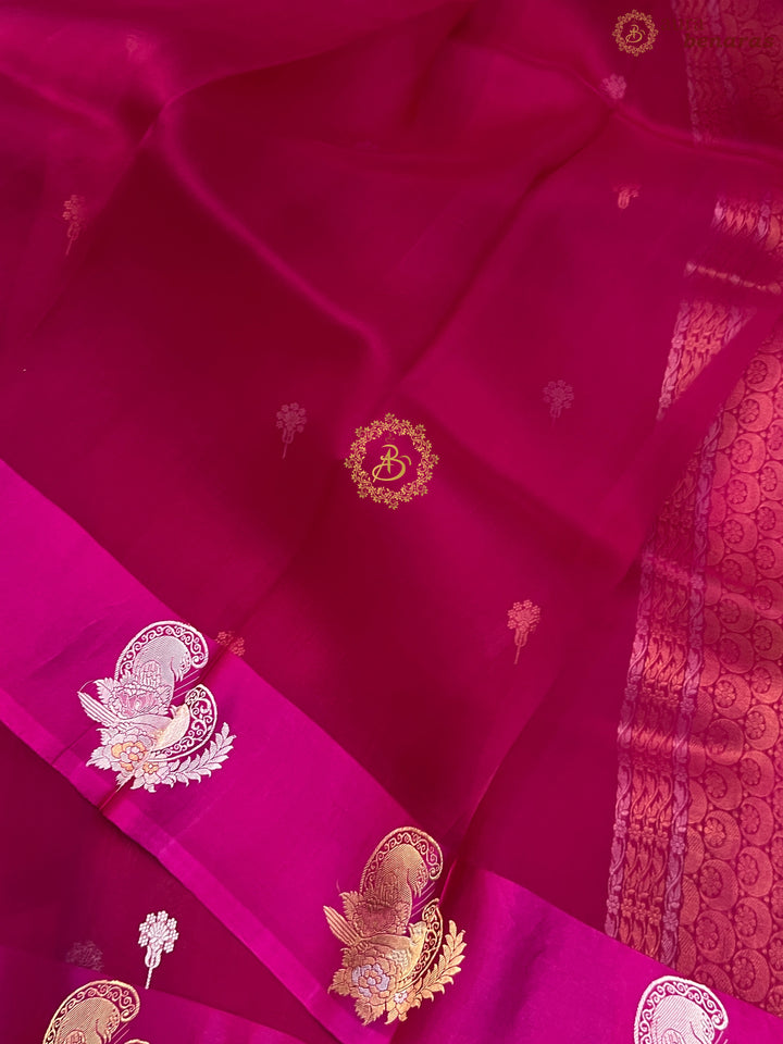 Rani Pink Pure Kora Silk Handloom Banarasi Saree