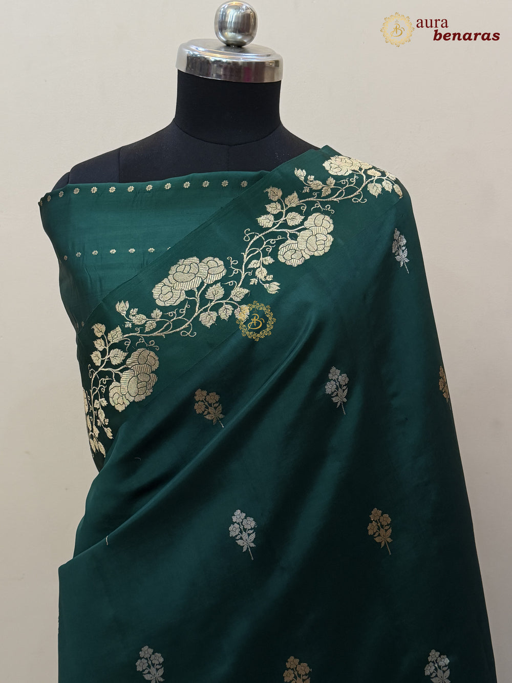 Bottle Green Pure Silk Handloom Banarasi Saree with Kadhwa Motifs