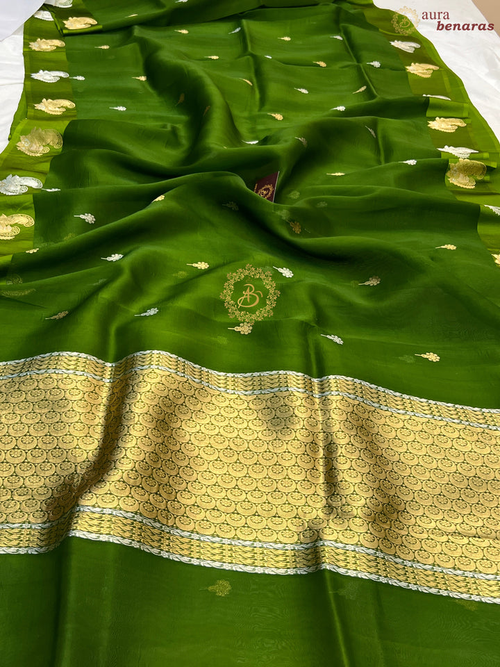Mehndi Green Pure Kora Silk Handloom Banarasi Saree