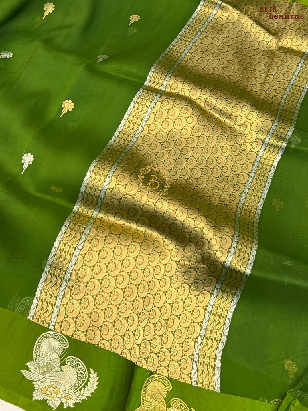 Mehndi Green Pure Kora Silk Handloom Banarasi Saree