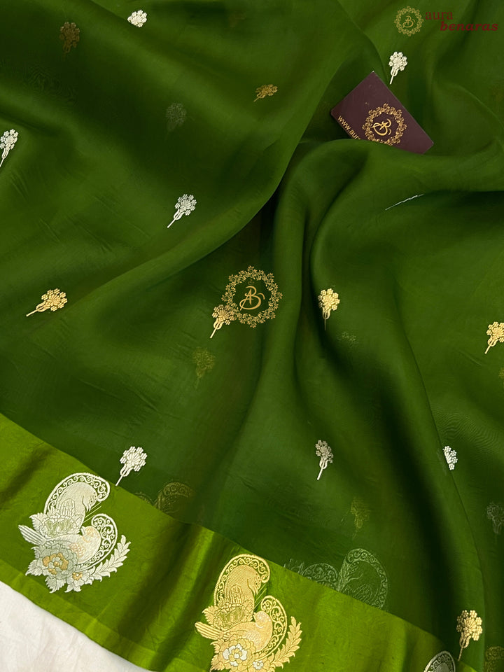 Mehndi Green Pure Kora Silk Handloom Banarasi Saree