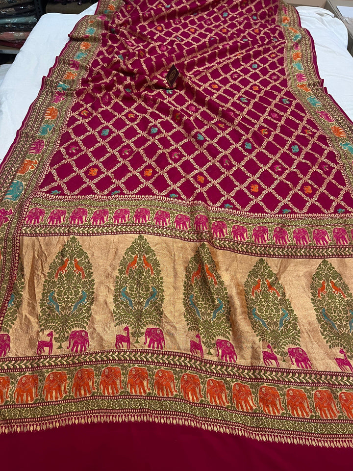 Rani Pink Tilfi Patola Pure Khaddi Georgette Silk Saree - Aura Benaras