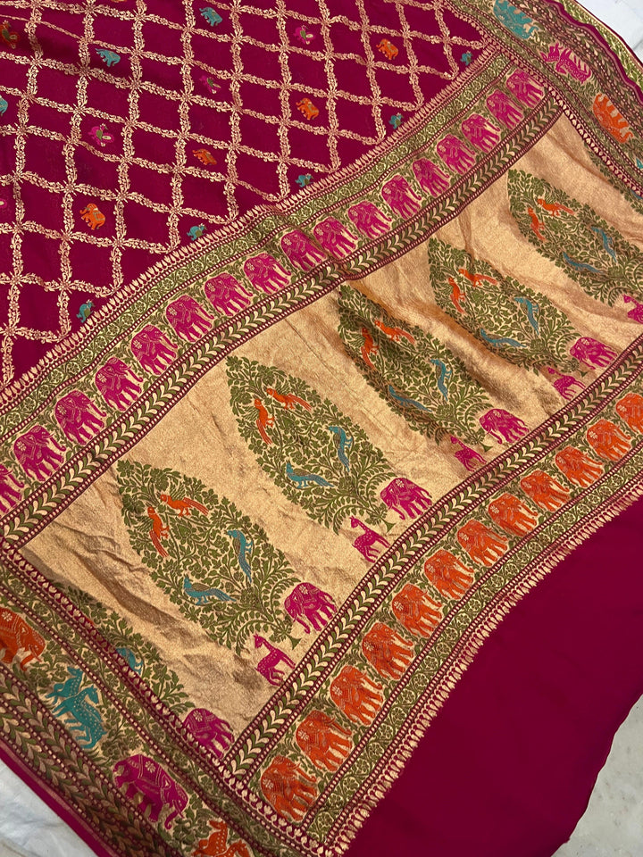 Rani Pink Tilfi Patola Pure Khaddi Georgette Silk Saree - Aura Benaras