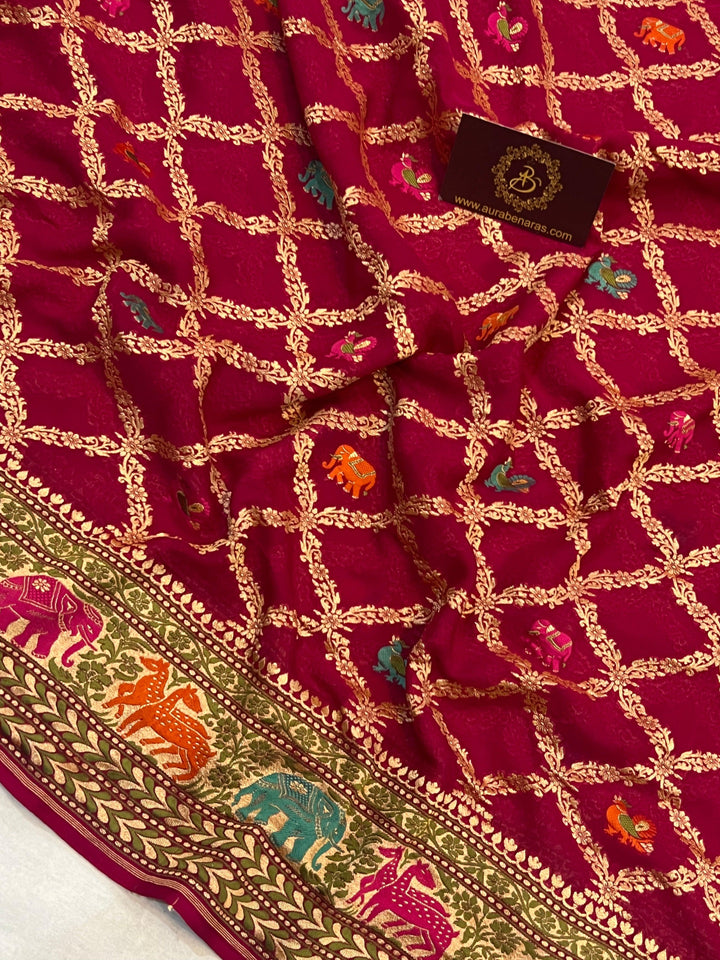 Rani Pink Tilfi Patola Pure Khaddi Georgette Silk Saree - Aura Benaras